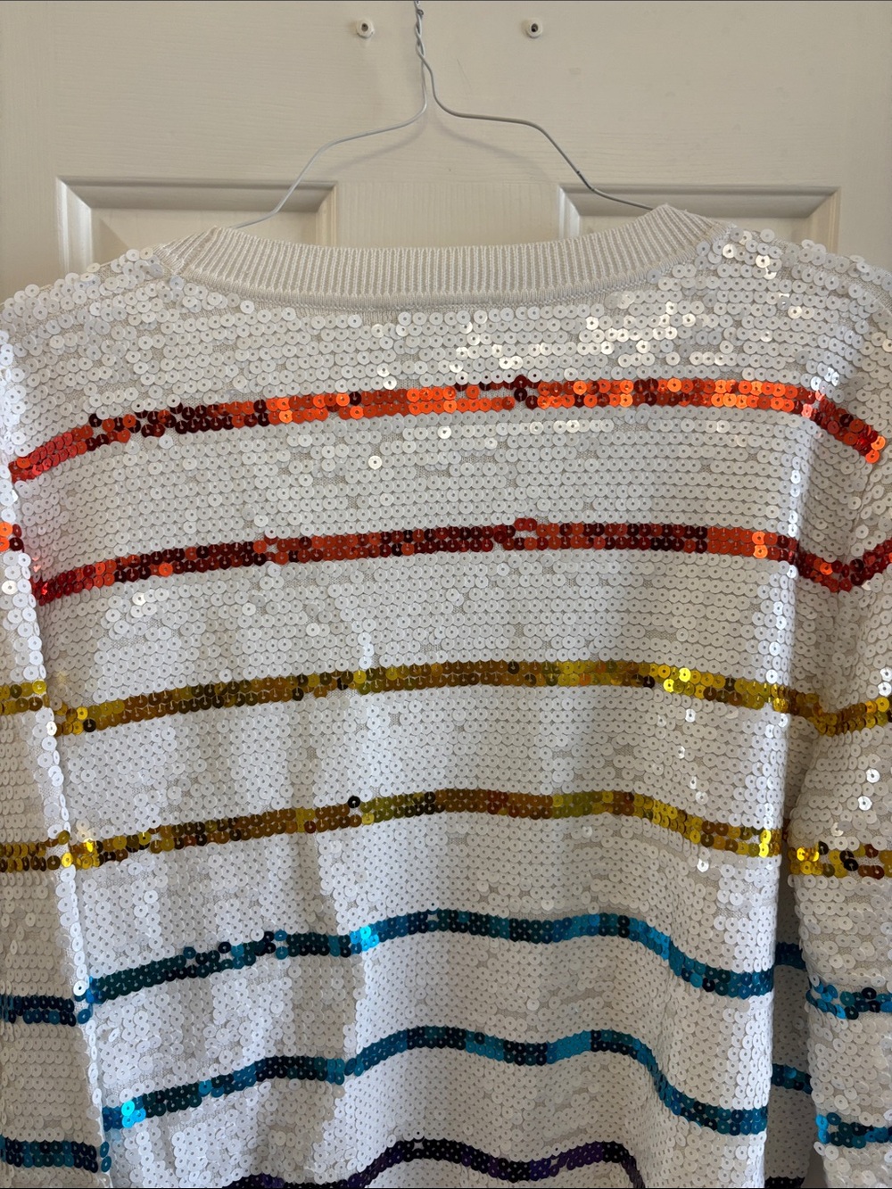 Queen of Sparkles Sequin Tiger Stripe Sweater in White with Rainbow Stripes - Picture 9 of 12